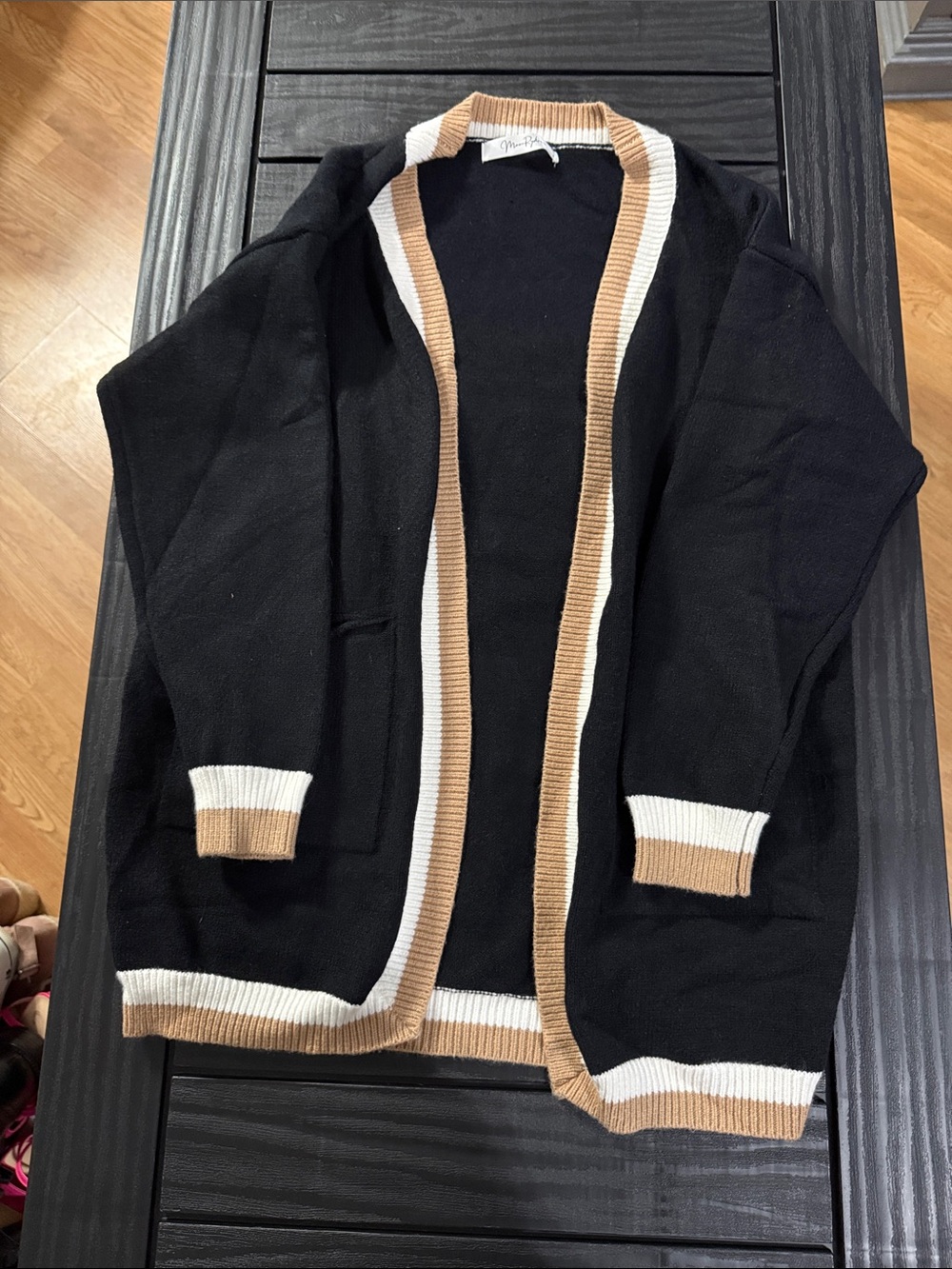 Moon Ryder Black Open-Front Cardigan with Tan and White Trim